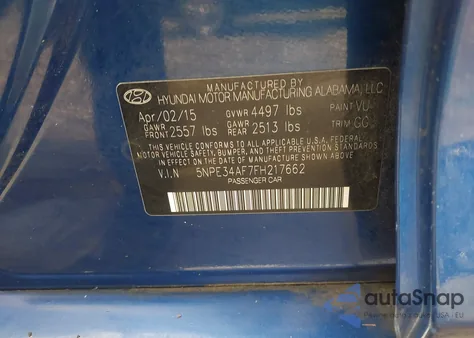 2015 Hyundai Sonata Sport z USA, uszkodzony, nr VIN 5NPE34AF7FH217662